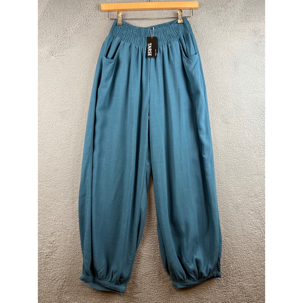 TARSE Women Teal Boho Harem Pants Smocked Waist Yoga Dance Joggers New